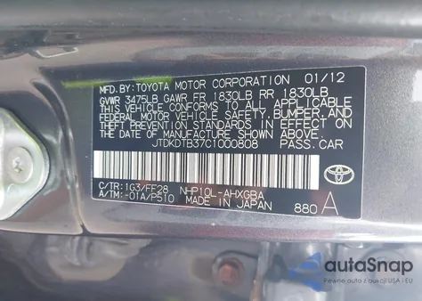 2012 Toyota Prius C Three from USA, damaged, VIN JTDKDTB37C1000808